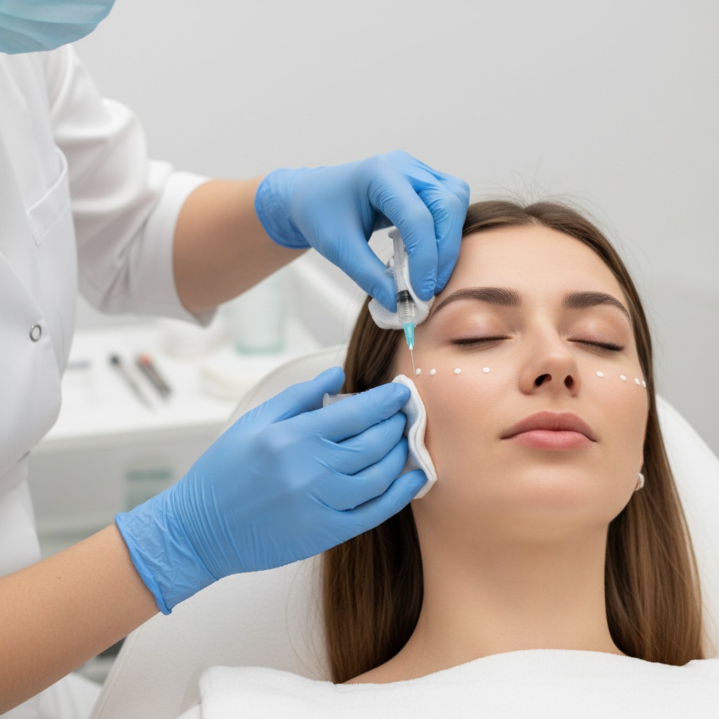 Profissional de saúde com luvas azuis aplica uma injeção facial em uma paciente com marcações na pele.