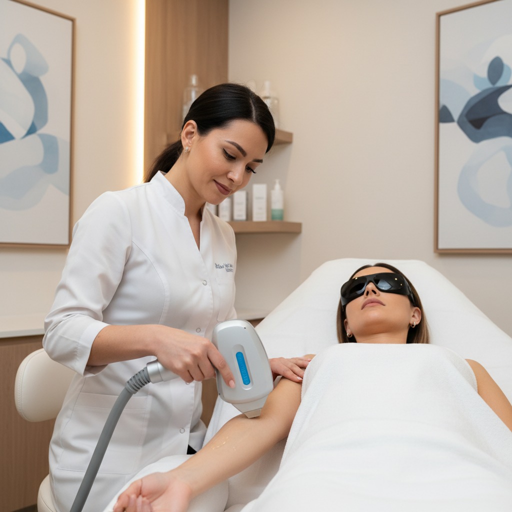 Profissional de estética realiza procedimento de depilação a laser no braço de uma cliente em uma clínica.